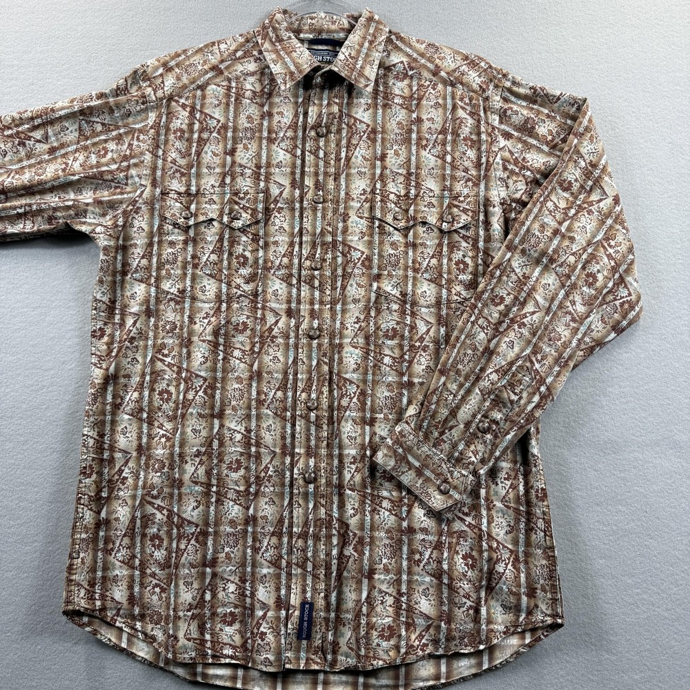 Rough Stock Shirt‎ Mens Medium Brown Floral Western Pearl Snap Pockets Casual